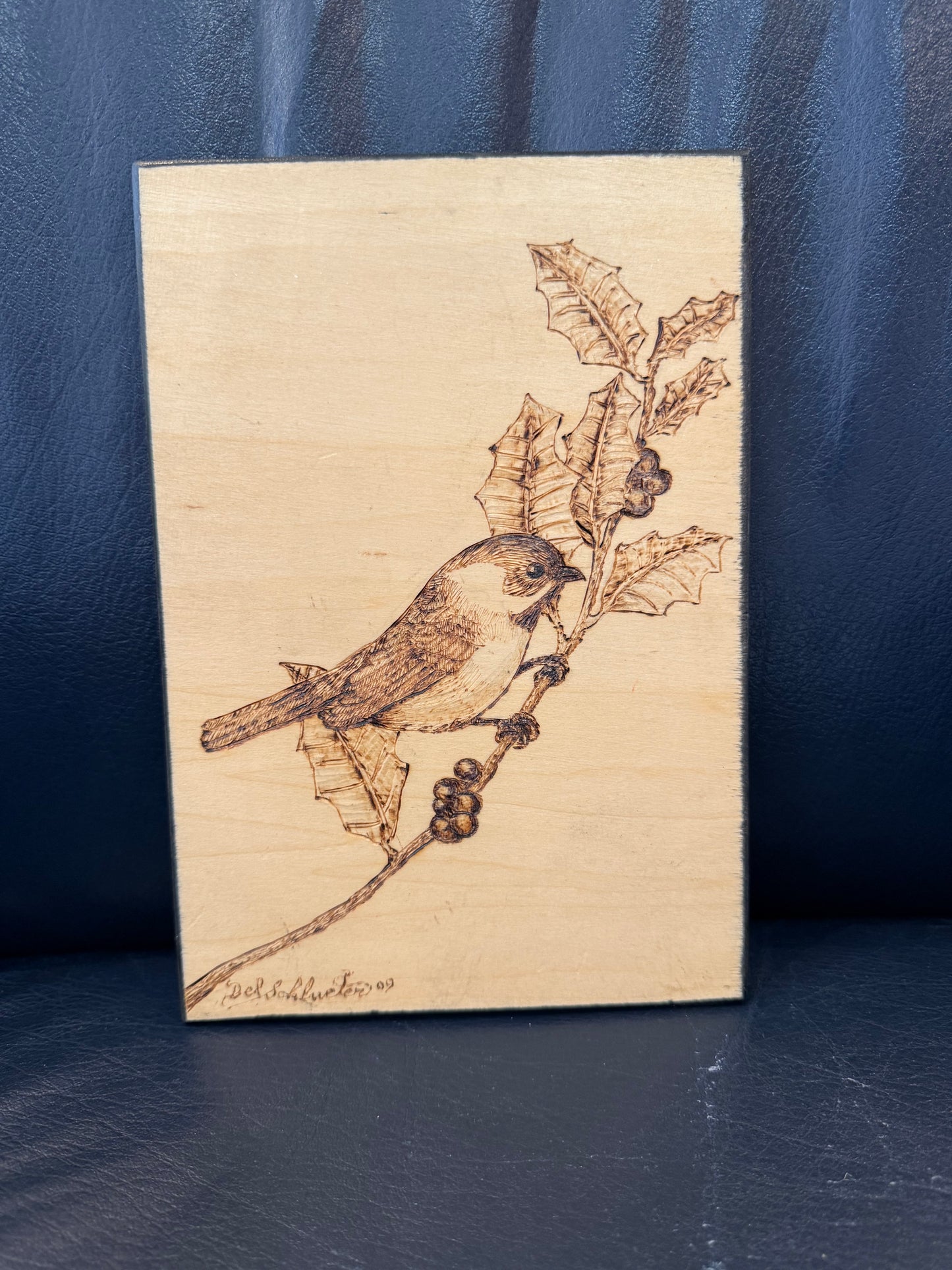 Chickadee wood burning handmade by Delmar Schlueter