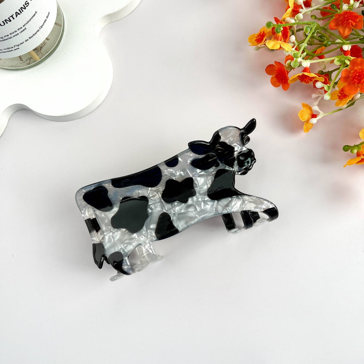 Black and White Cow Animal Hair Claw Clip